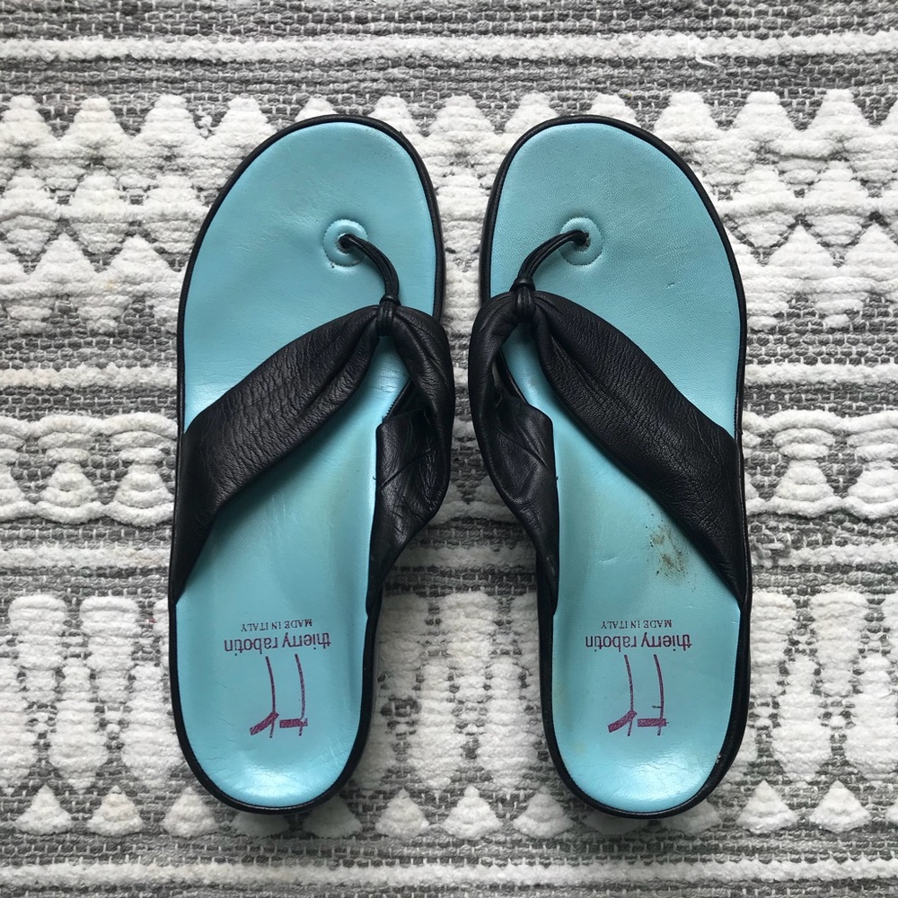 Thierry Rabotin Leather Wedge Thong Sandals, EUC